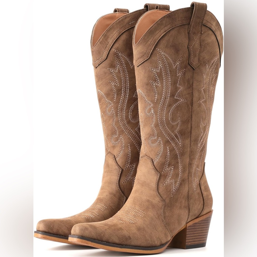 IUV Western Cowgirl Boot with Chunky Heel Mid Calf Snip Toe Ideal for low instep
